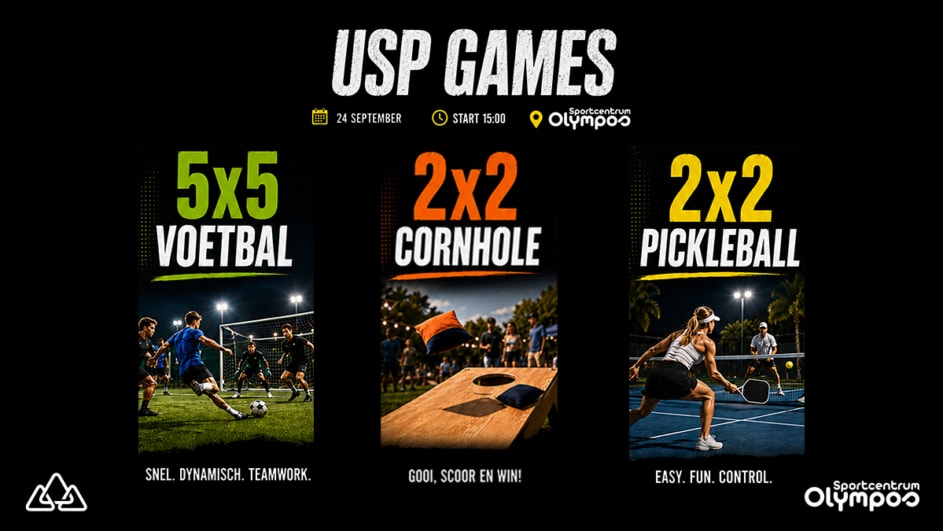 aankondiginsbeeld USP games op 24 september om 3 uur. voetbal, cornhole en pickleball